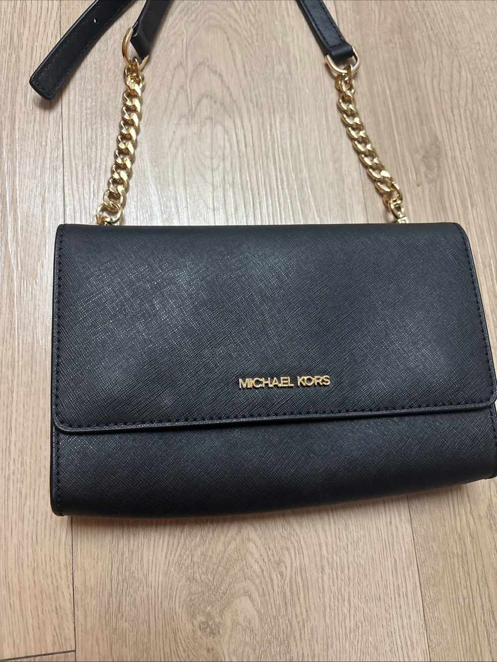 Michael Kors Black Saffiano Crossbody with Gold Chain Strap